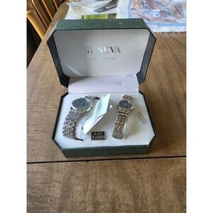 Vintage Geneva Classic Collection Quartz Watch Set Men's & Women's Silver CSC42